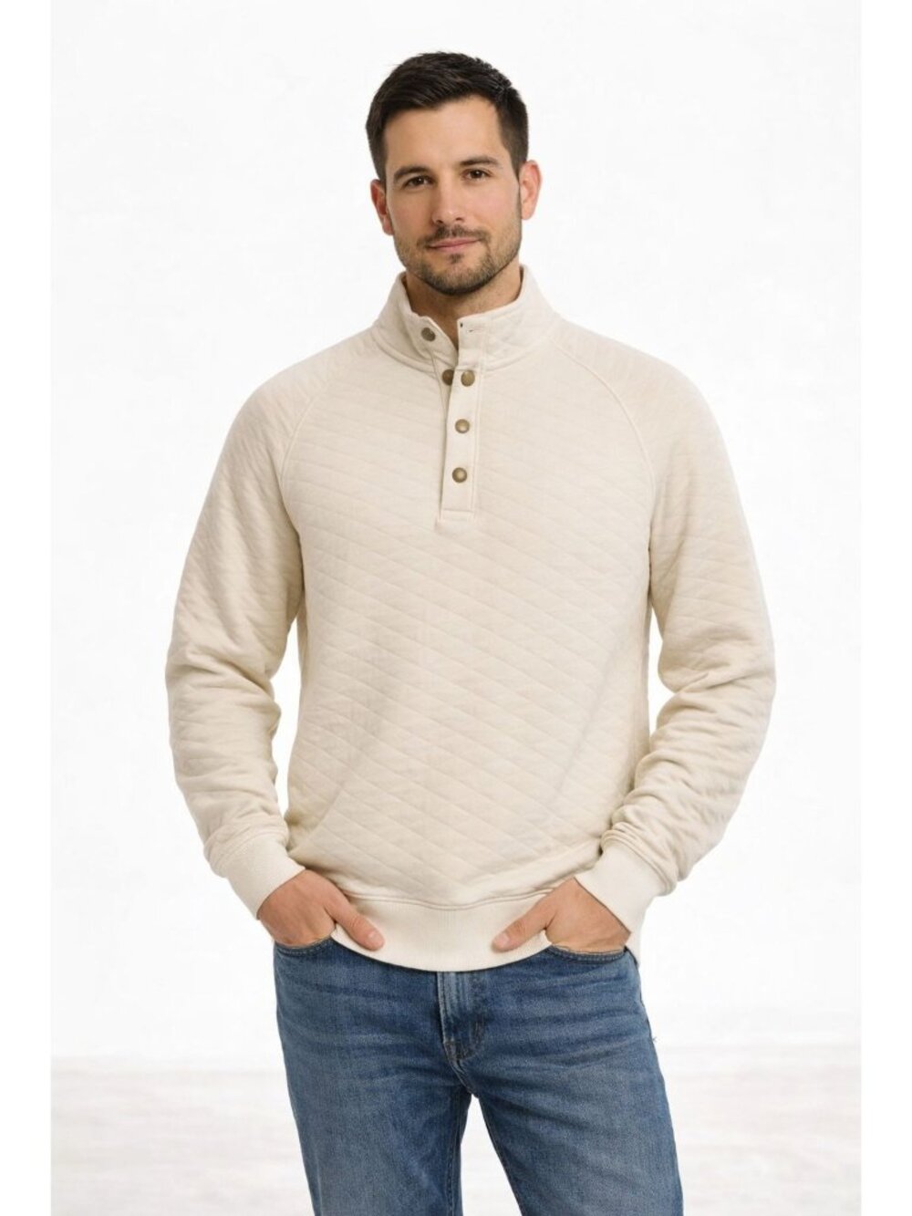Goodfellow Sweatshirt Mens Small Ivory Pullover Jacquard Knit Quilted Snap